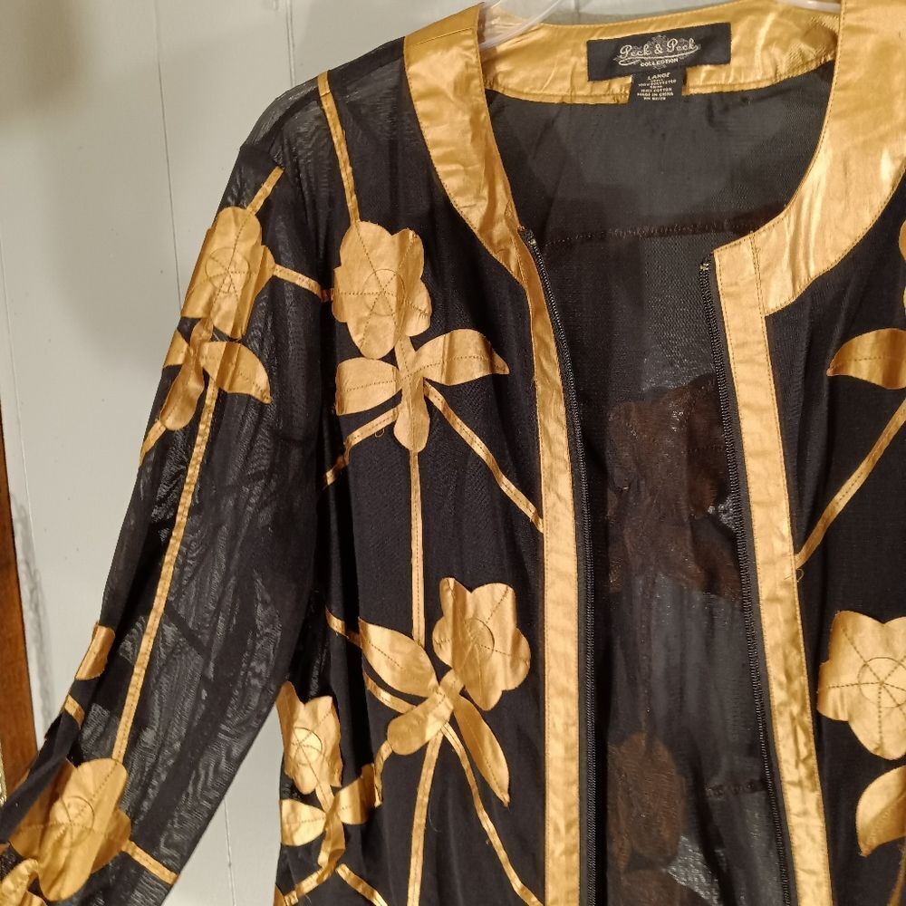 Peck & Peck Black and Copper Floral Semi Sheer Long Sleeve Zip Up Jacket… - Picture 4 of 6